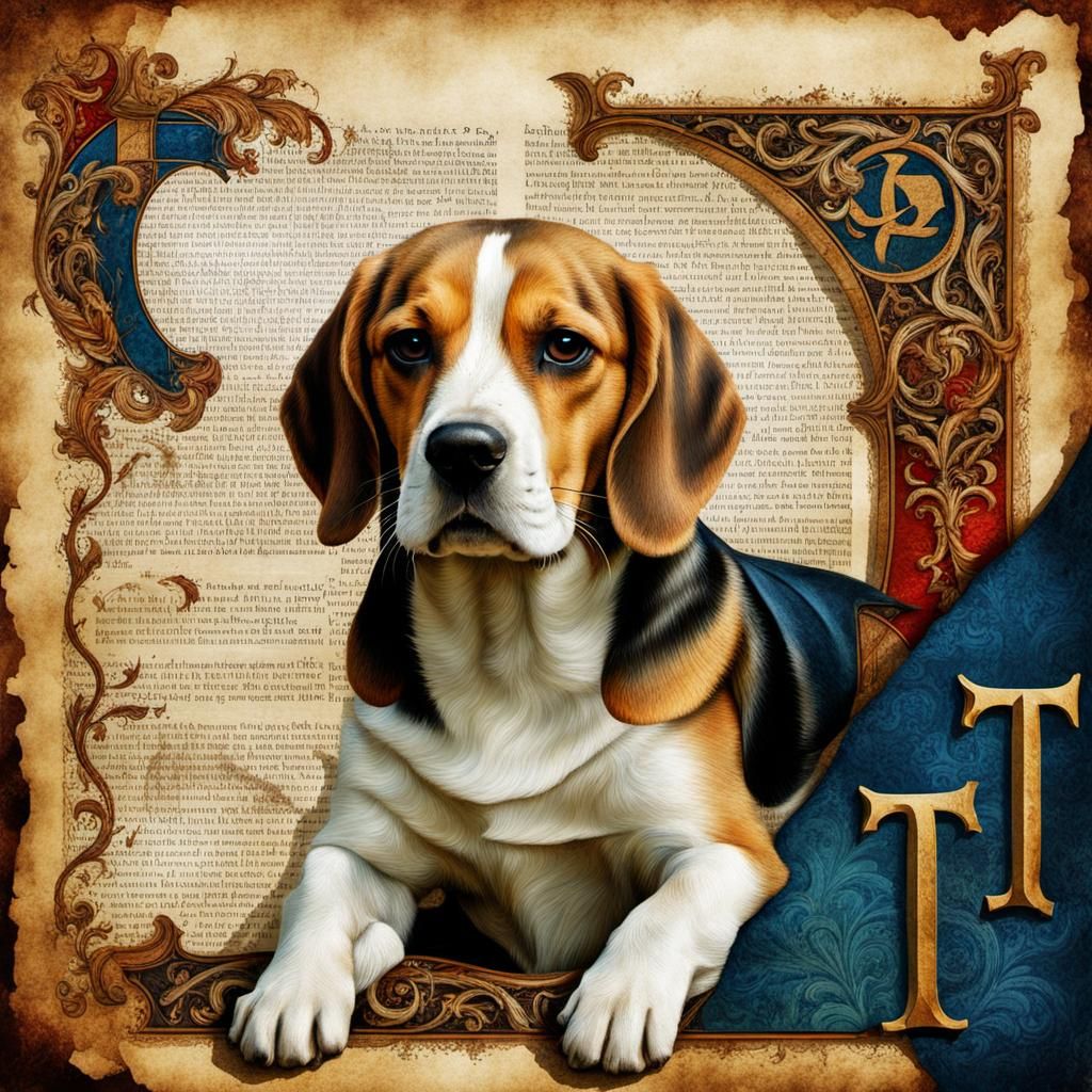 Beagle with Medieval Letter T in Mixed Media