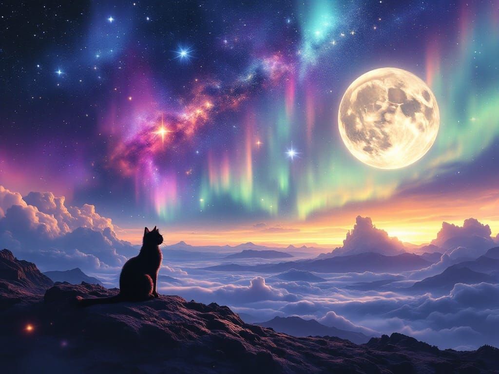 Cosmic Cat Silhouette against Vibrant Galaxy Sky