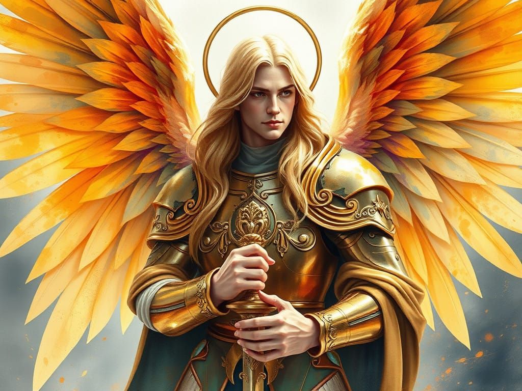 Gilded Angel of Light, Renaissance-Inspired Watercolor