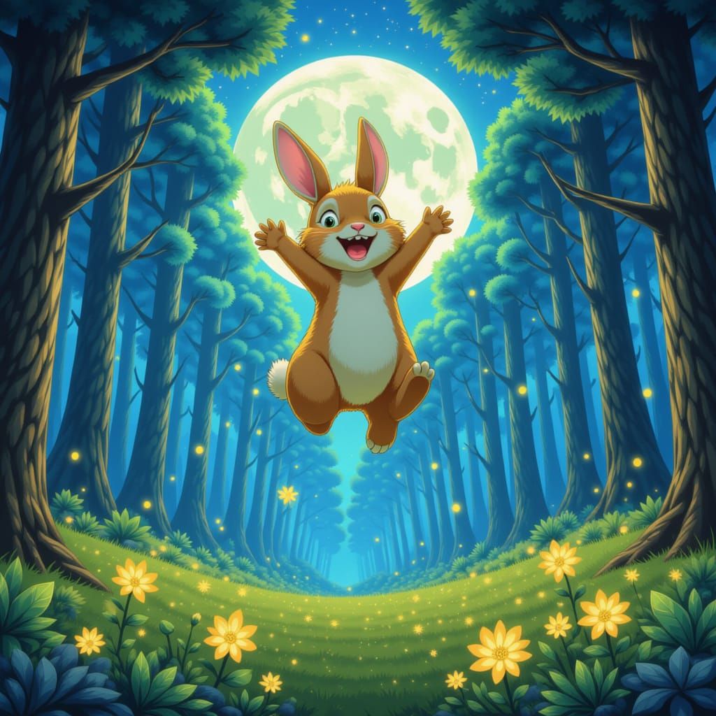 Moonlit Bunny's Joyful Leap in Enchanted Forest