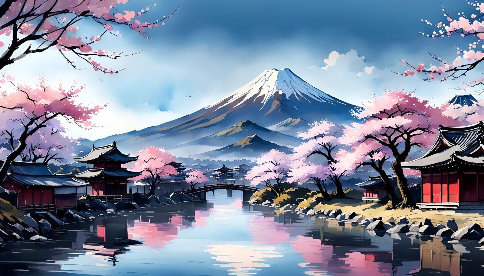 Sakura Trees and Mount Fuji: Watercolor Japanese Landscape