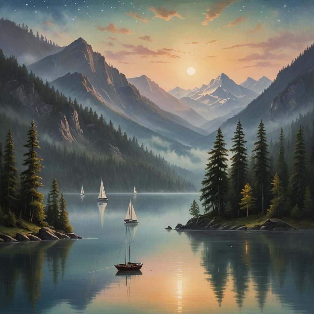 Dreamy Mountain Lake at Dusk: Ethereal Oil Painting