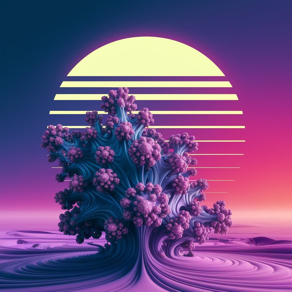 Vibrant Fractal Sunset Abstraction in Cyberpunk Digital Art