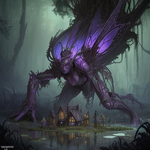 Insectoid Fairy Village Crushed: Dark Fantasy Art