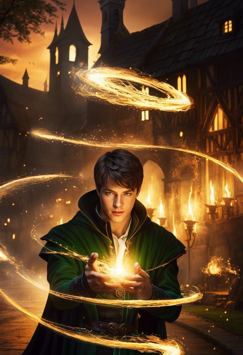 Teen Warlock Summons Fire Magic in Oil Painting