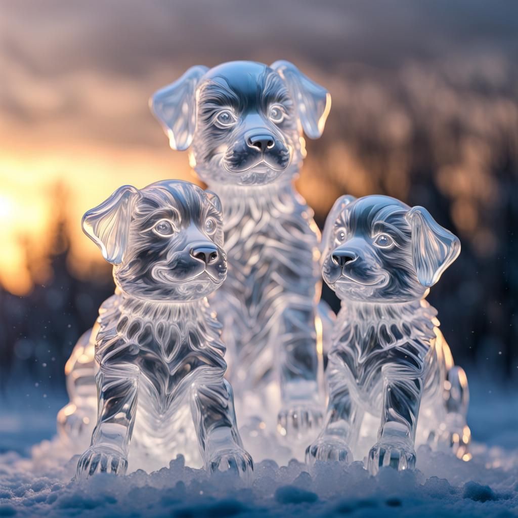 Ice Sculpture Masterpiece: Puppies Playing in Snow