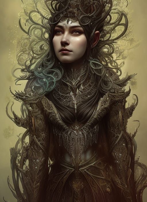 Fierce Elf Sorceress Queen Portrait in Detailed Armour