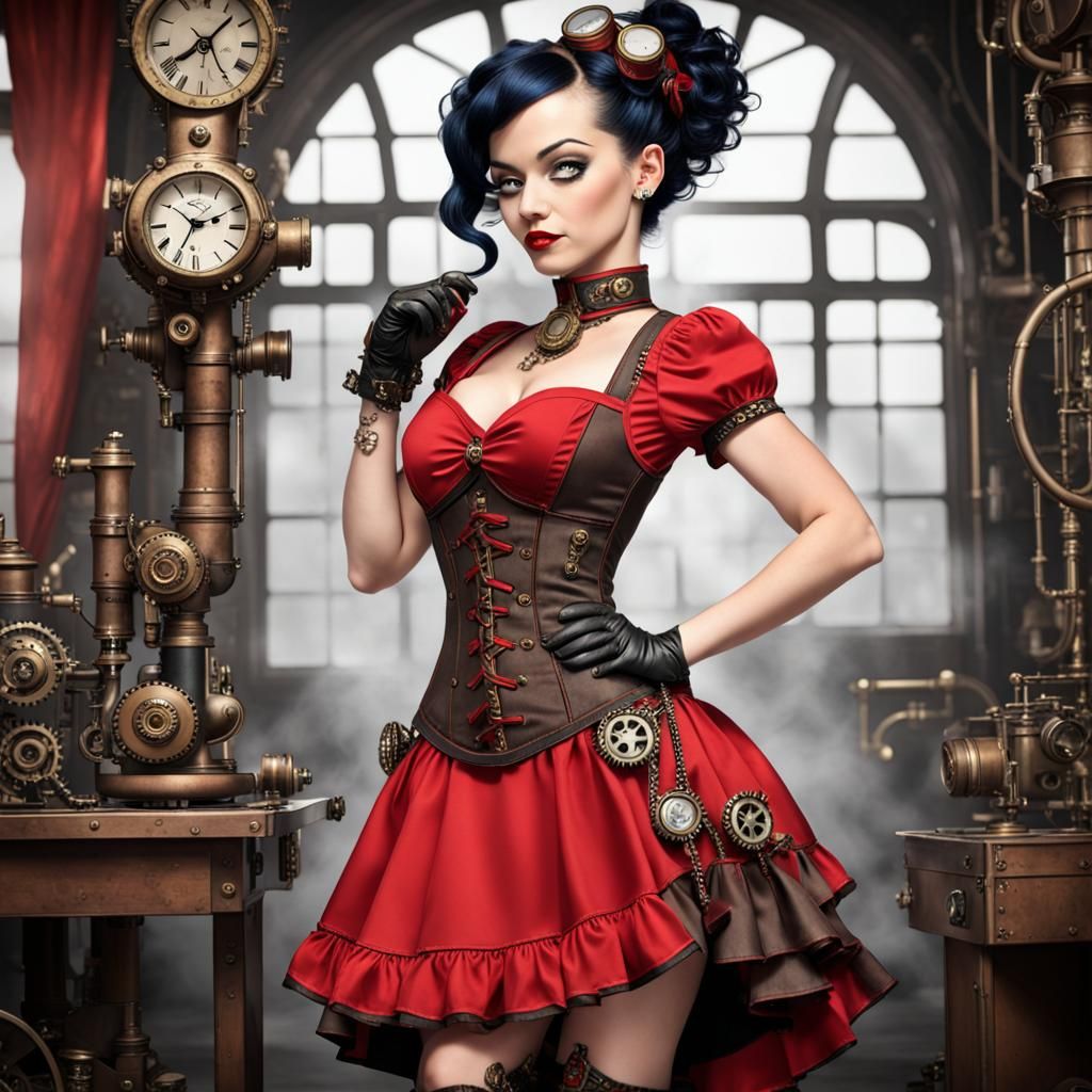 Steampunk Betty Boop in Red Trim Dress