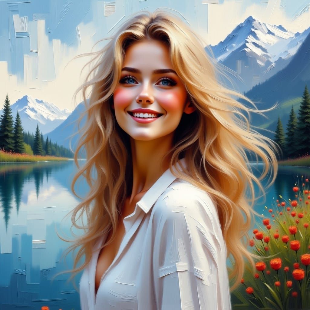 Retro Impressionist Beauty by a Serene Lake