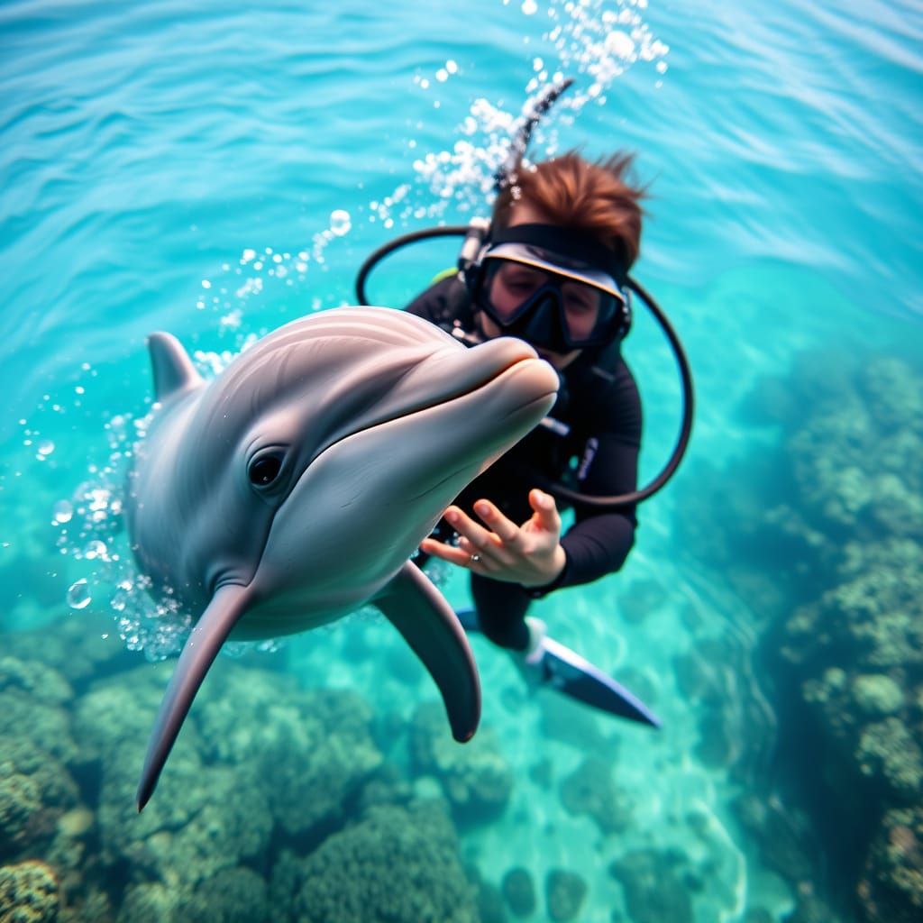 Diver and Dolphin Encounter in Caribbean Sea
