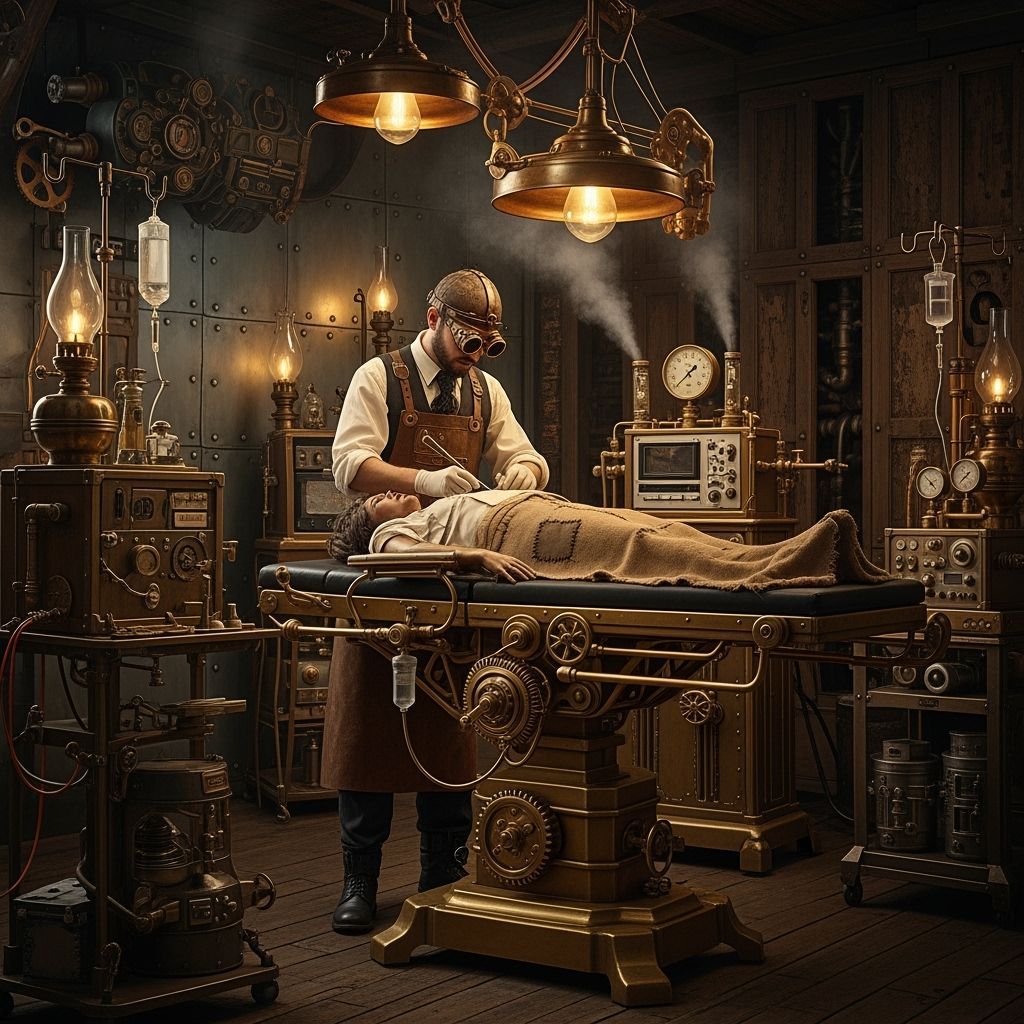 Steampunk Doctor Attends Patient in Brass Operating Theater