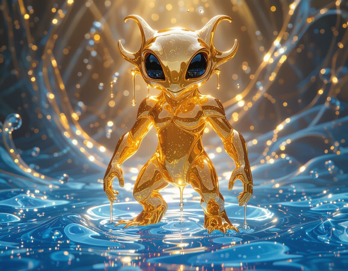 Golden Liquid Creature with Obsidian Eyes in Soda