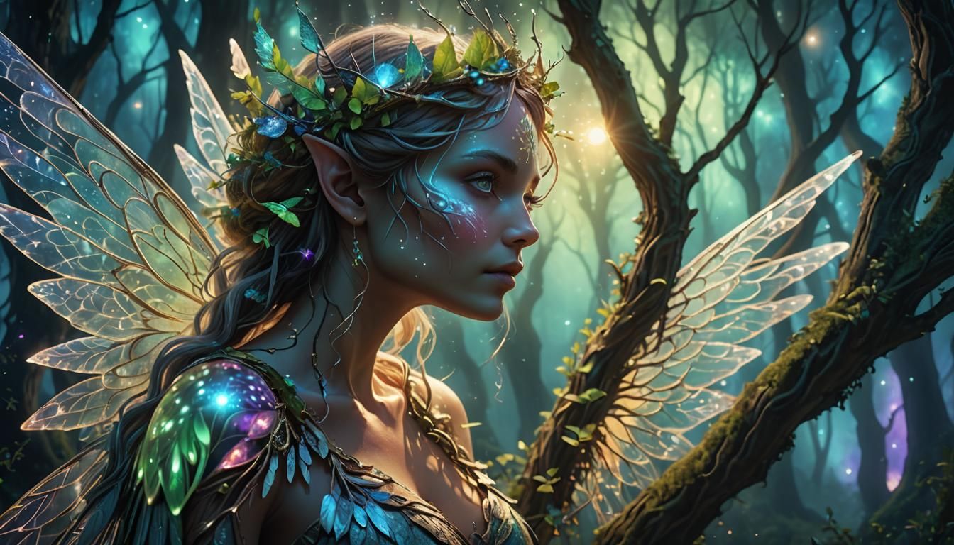 Cosmic Fairy in Mystical Forest: Holographic Illustration