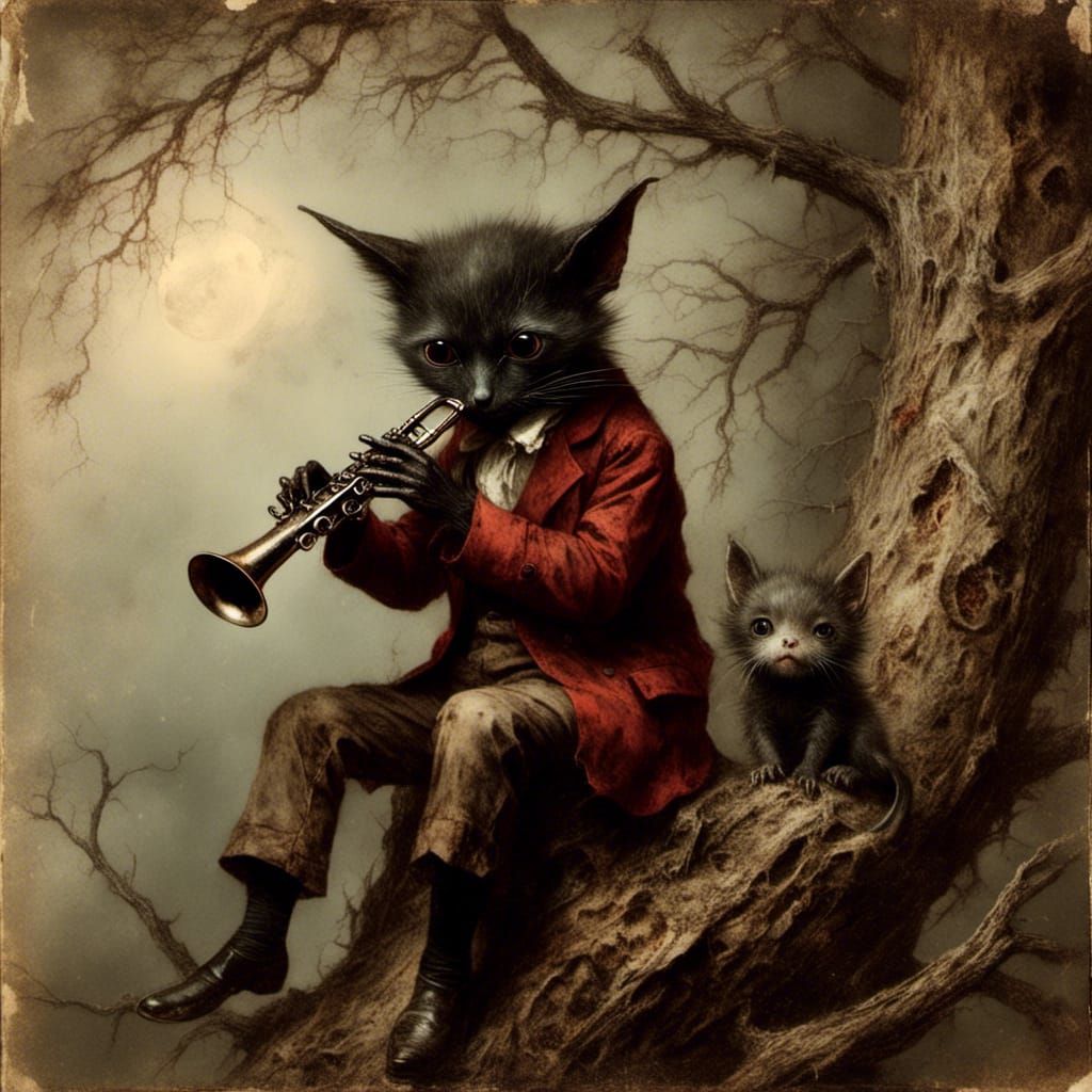 Little Devil Plays Clarinet Atop a Tree