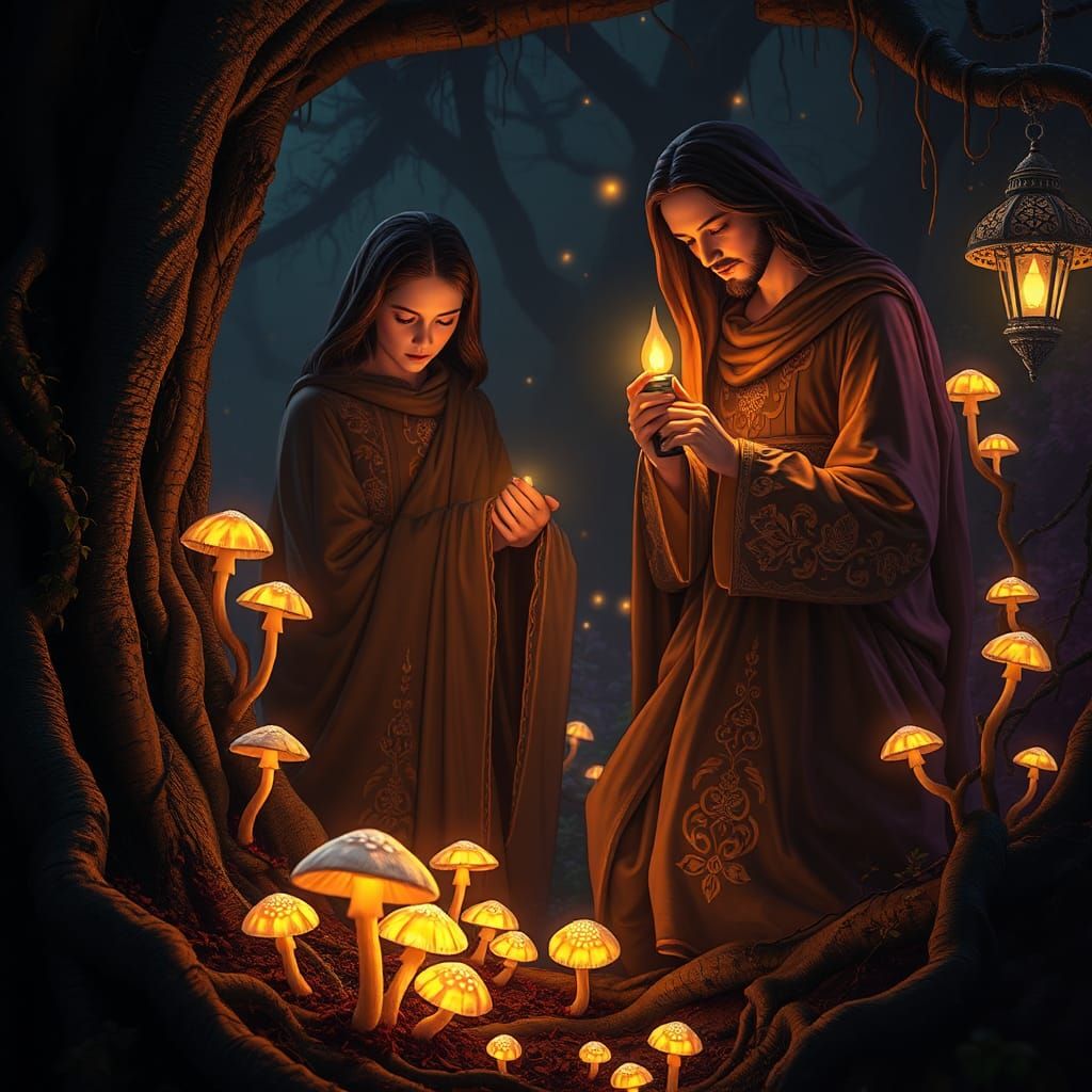 Mystical Garden Scene with Figures in a Digital Painting Sty...