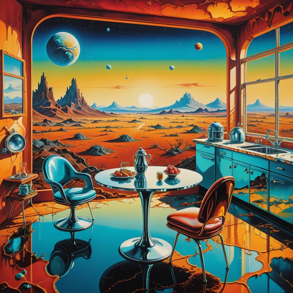 Retro-Future Kitchen on Alien Planet, in Surreal Style