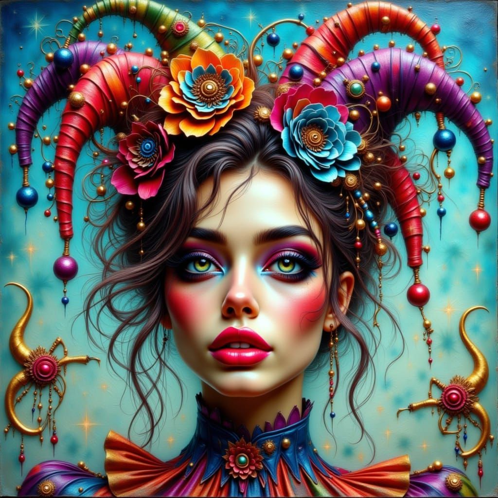 Romantic Gothic Whimsy: A Woman in Jester's Attire Under a S...