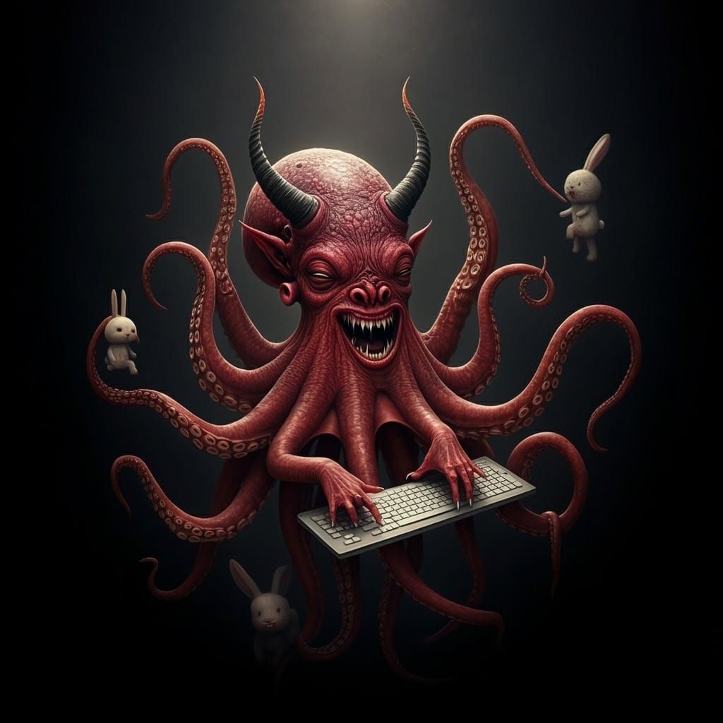 Horrific Demon Octopus Taps Keyboard with Seven Legs, Munche...