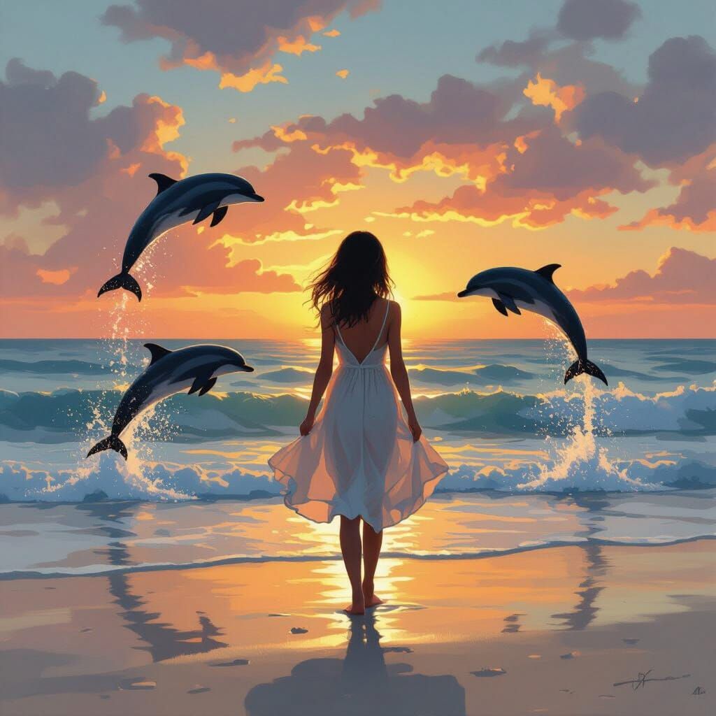 Sunset Beach Serenity: Girl Silhouetted with Leaping Dolphin...