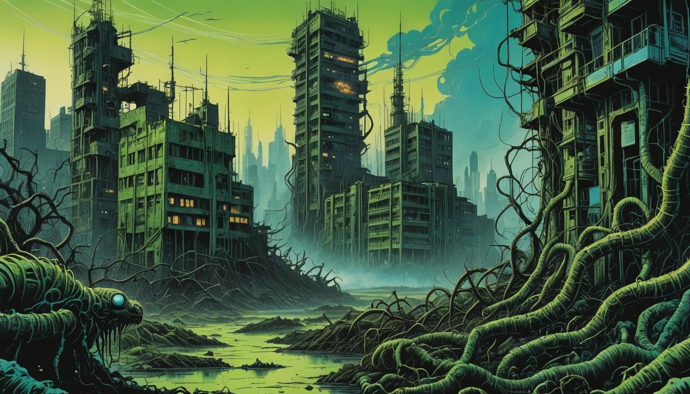 Bio-Futurist Centipedes in Neon-Lit Wasteland