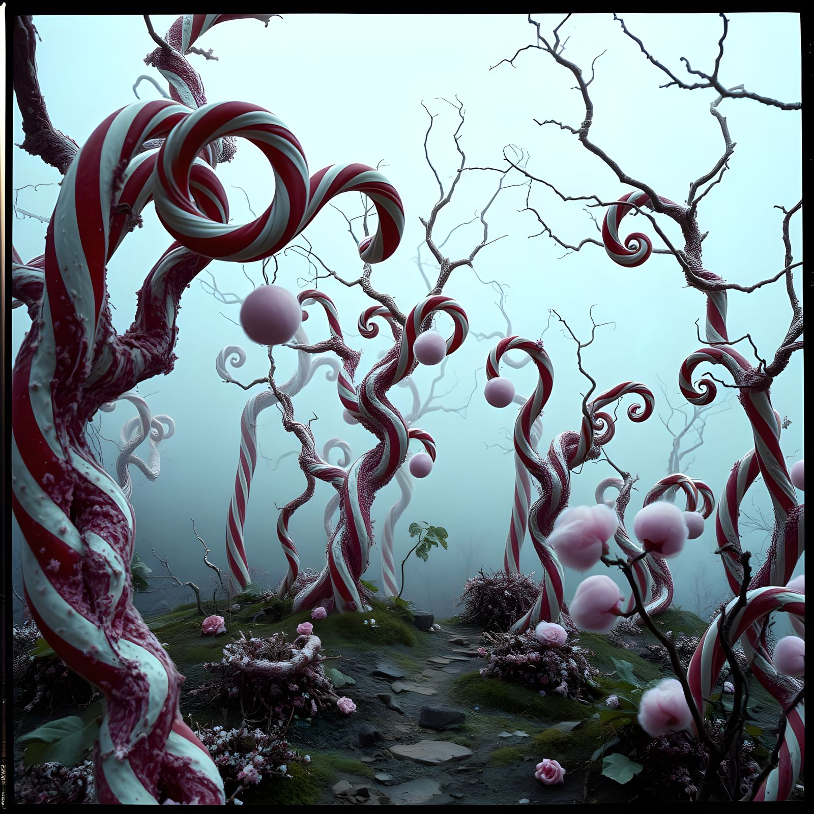 Surreal Candy Cane Forest in Gothic Horror Style