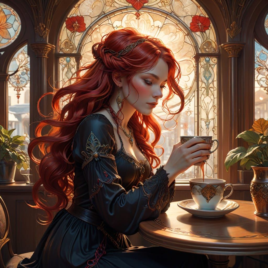 Art Nouveau Witch Enjoys Coffee in Quaint Cafe