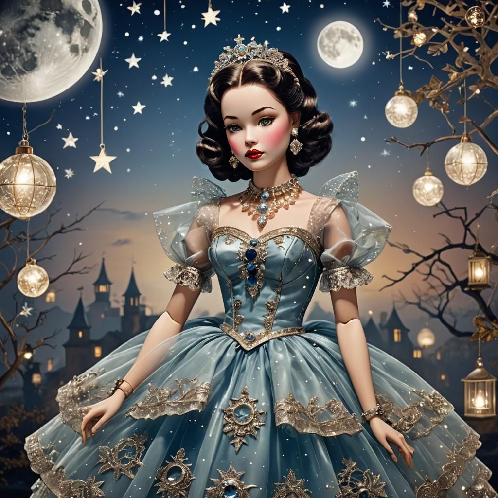 Mechanical Doll in Glass Dress Under Plastic Moon