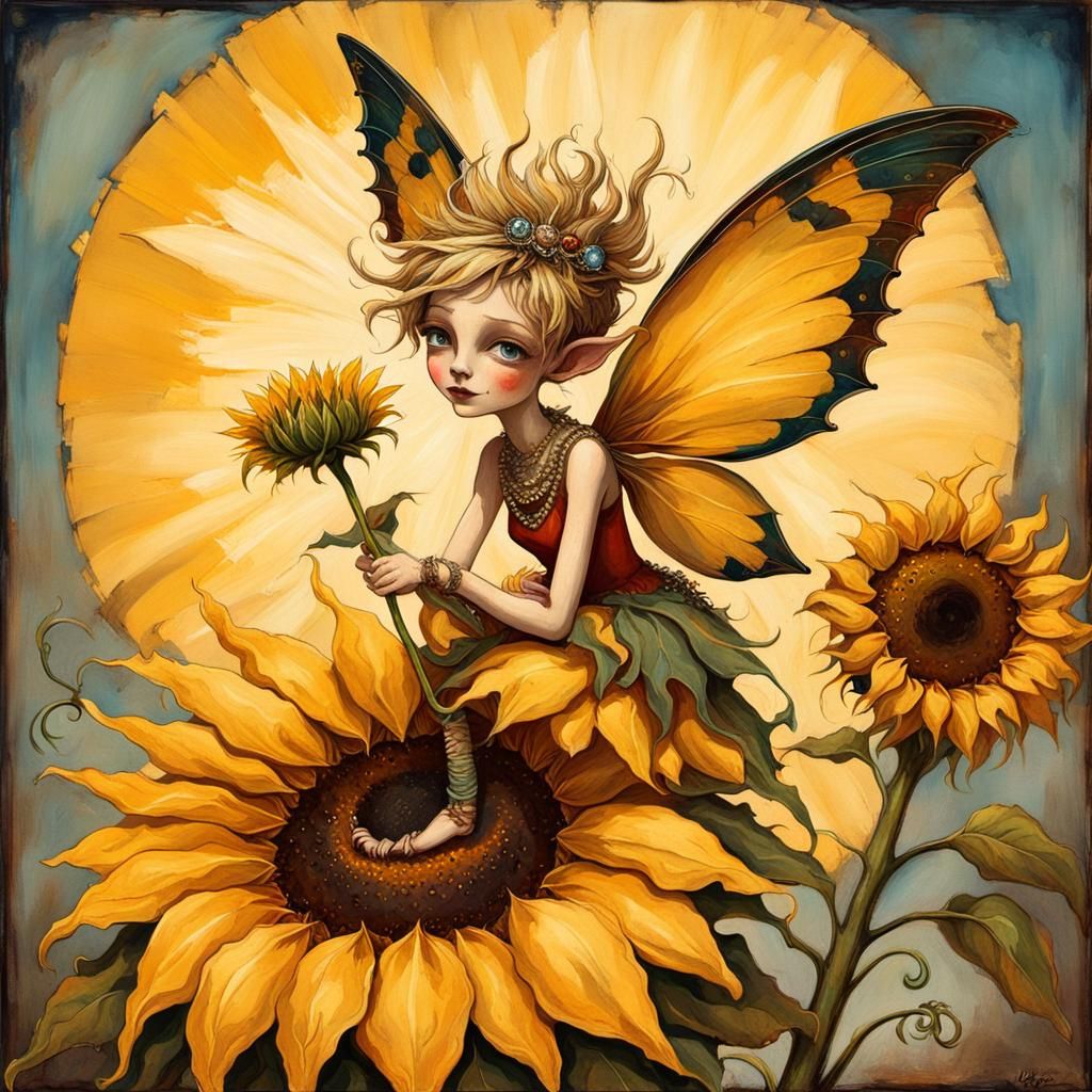 Pixie on Sunflower: Antique Grunge Painting