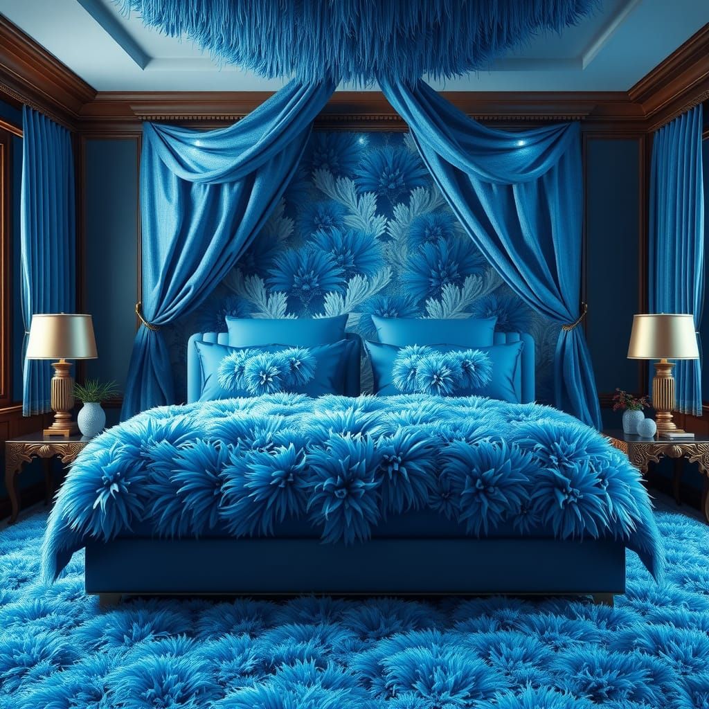 The bedroom combined with very fluffy throw pillows in blue ...