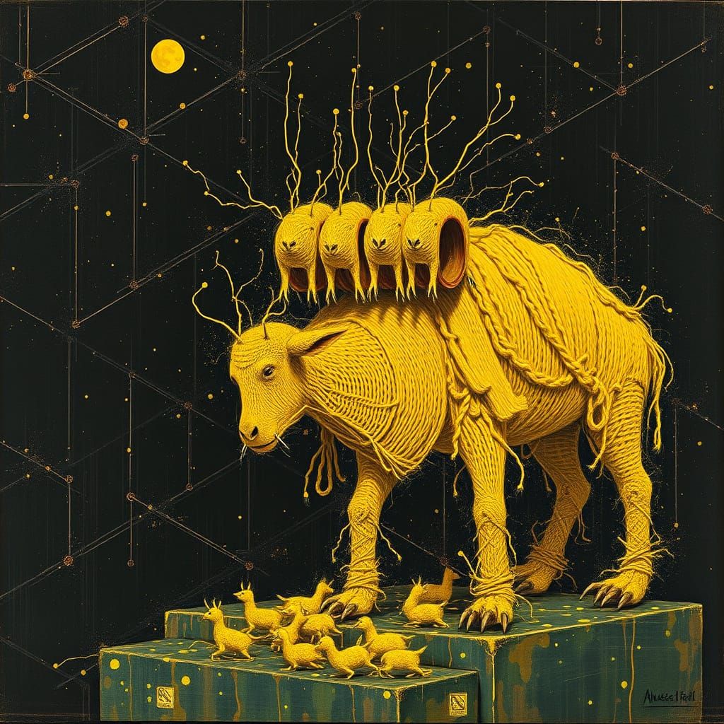 Surreal Herd of Knitted Totoros Gnawing on Amalgamation