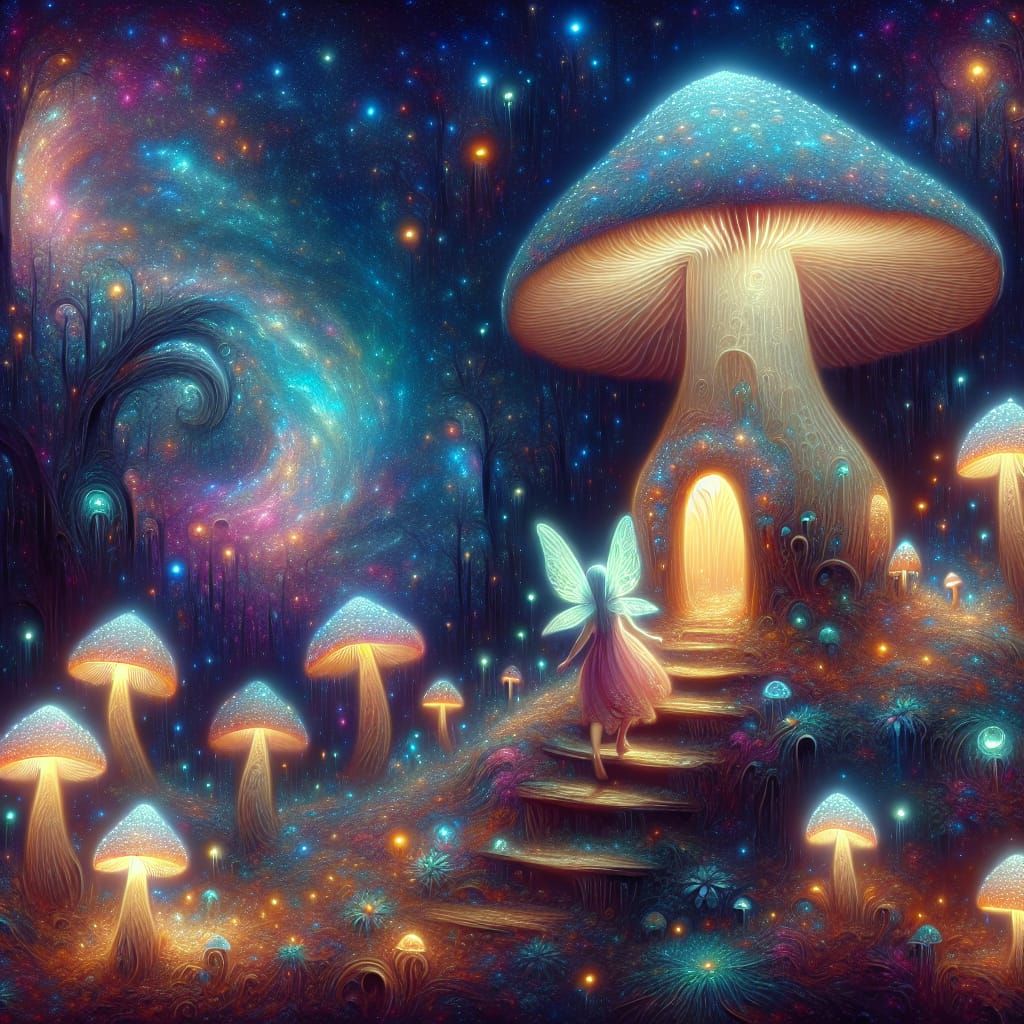 Enchanted Fairy Mushroom House in Bioluminescent Forest