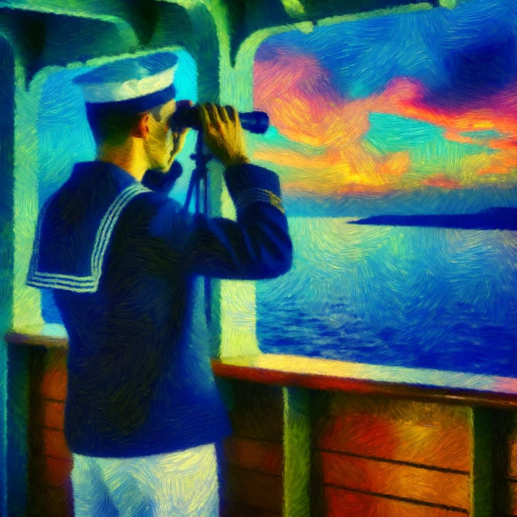 Sailor Observes Sunset as Impressionist Painting