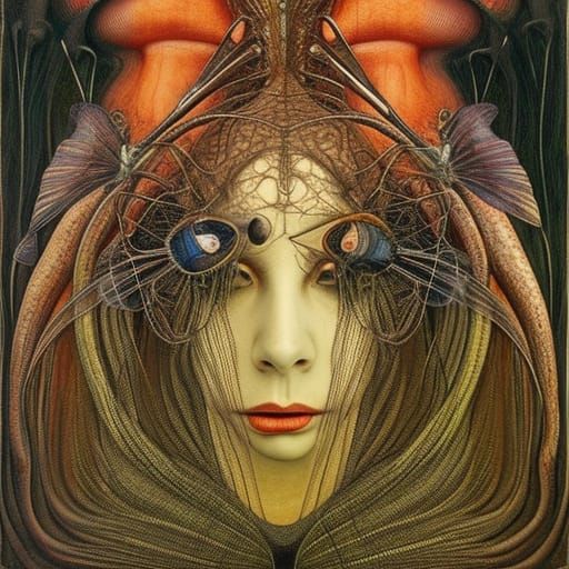 Drag Queen Confronted by Hybrid Flies in Surreal Art