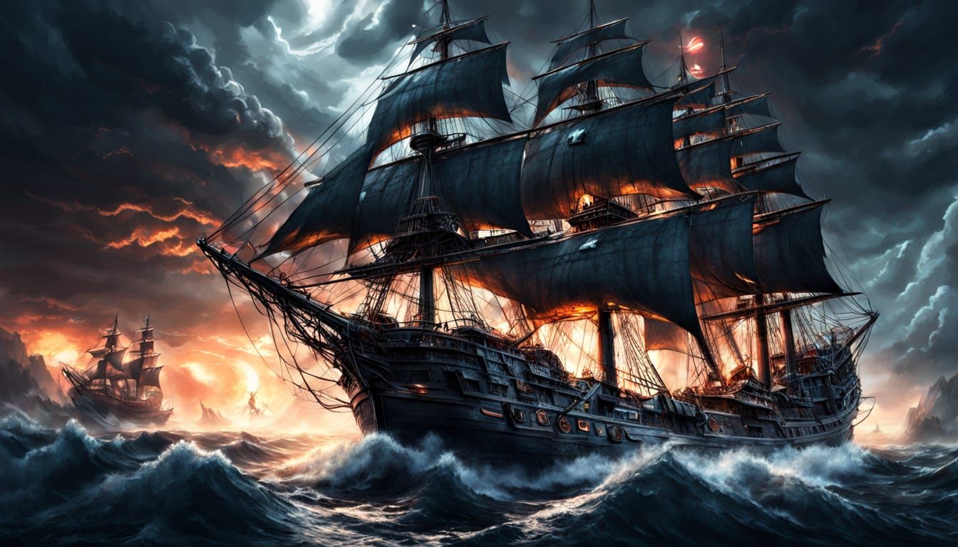 Pirate Battles Turbulent Seas in Dark Fantasy Style