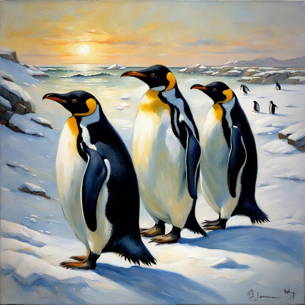 Penguins in Illustrative Realism Style