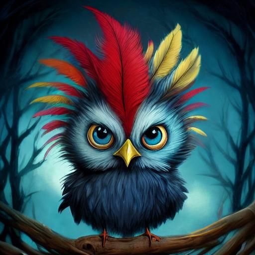 Gothic-Punk Baby Bird in a Whimsical Fairytale Scene