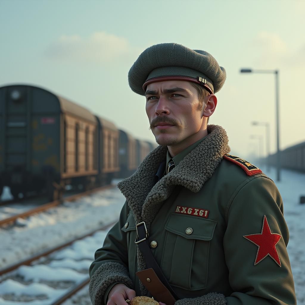 Young Soviet Soldier in War-Torn Landscape