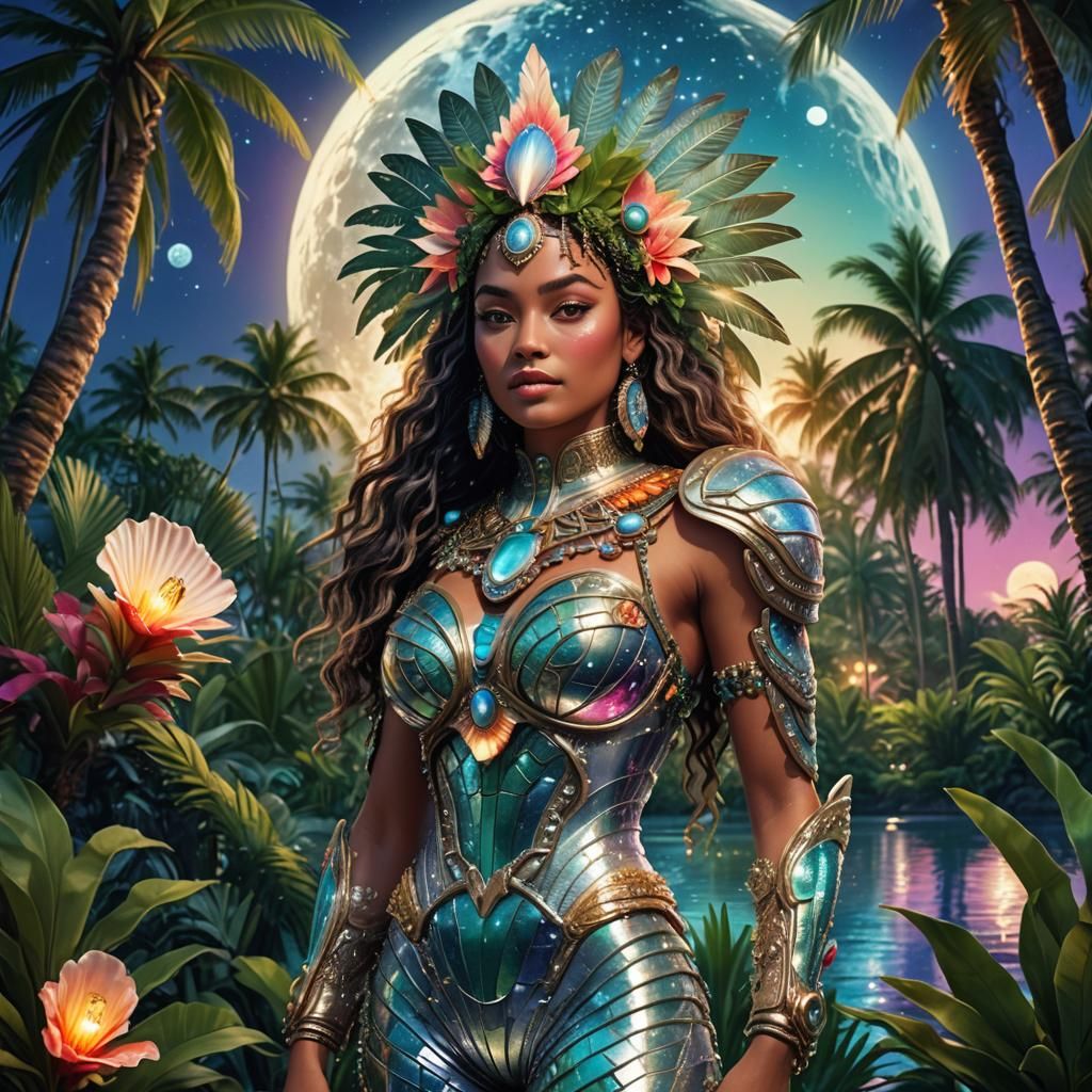 Tahitian Goddess in Spacesuit by Tropical Lagoon