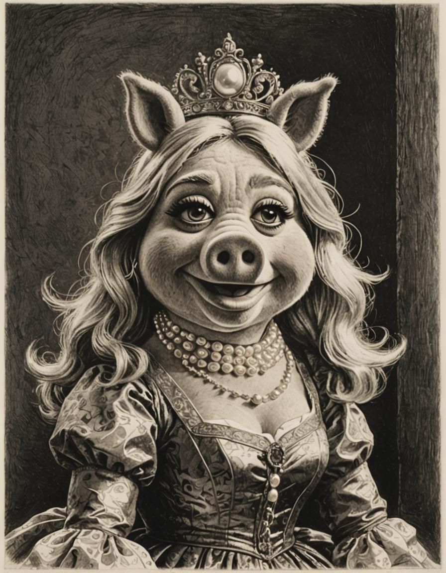 Miss Piggy as Girl with Pearl Earring, Etching