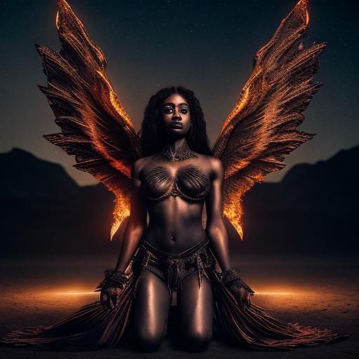 Fiery Goddess Kneeling in Magical Desert