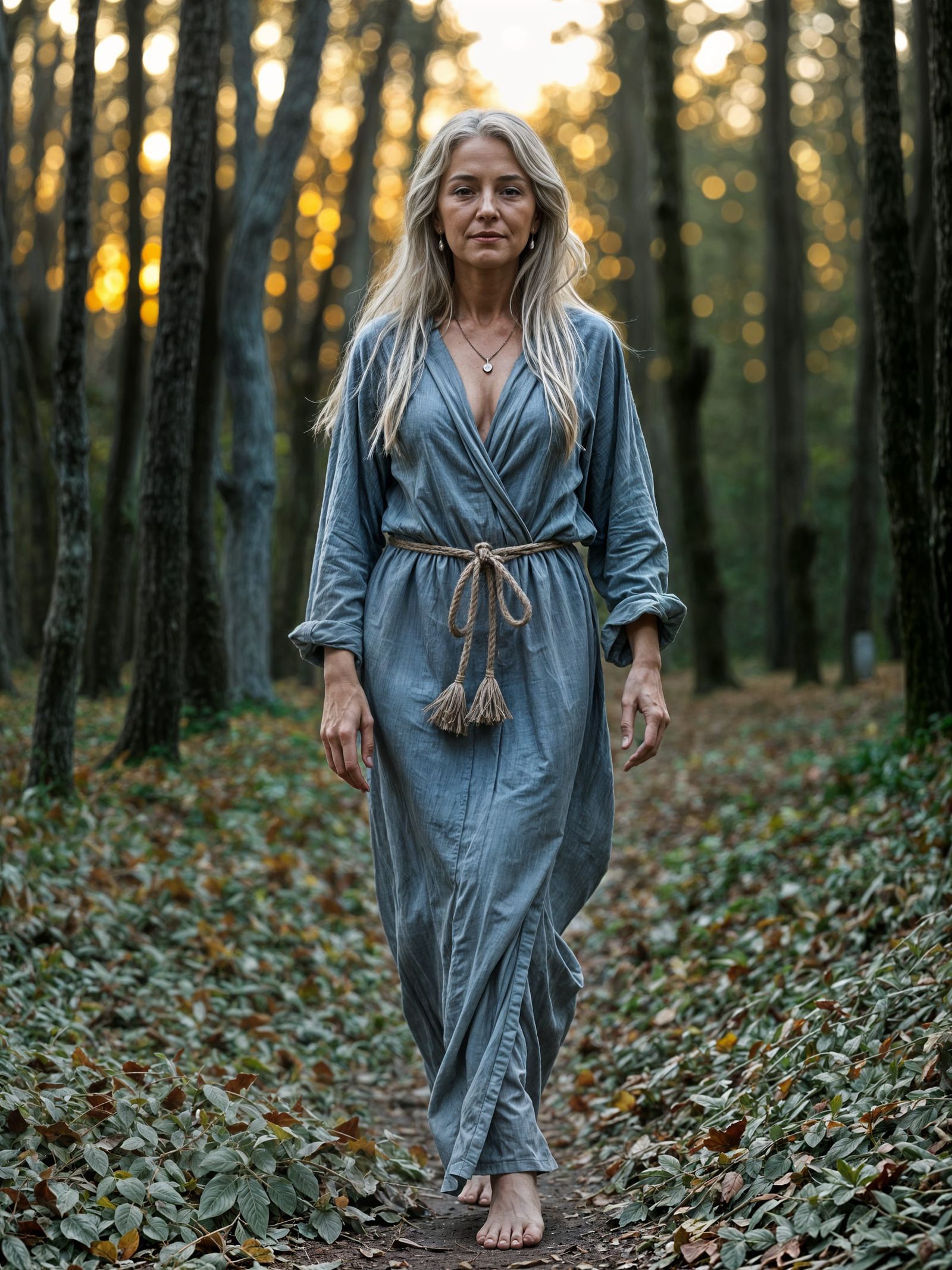 Photorealistic Woman in Medieval Dress Walking in Forest