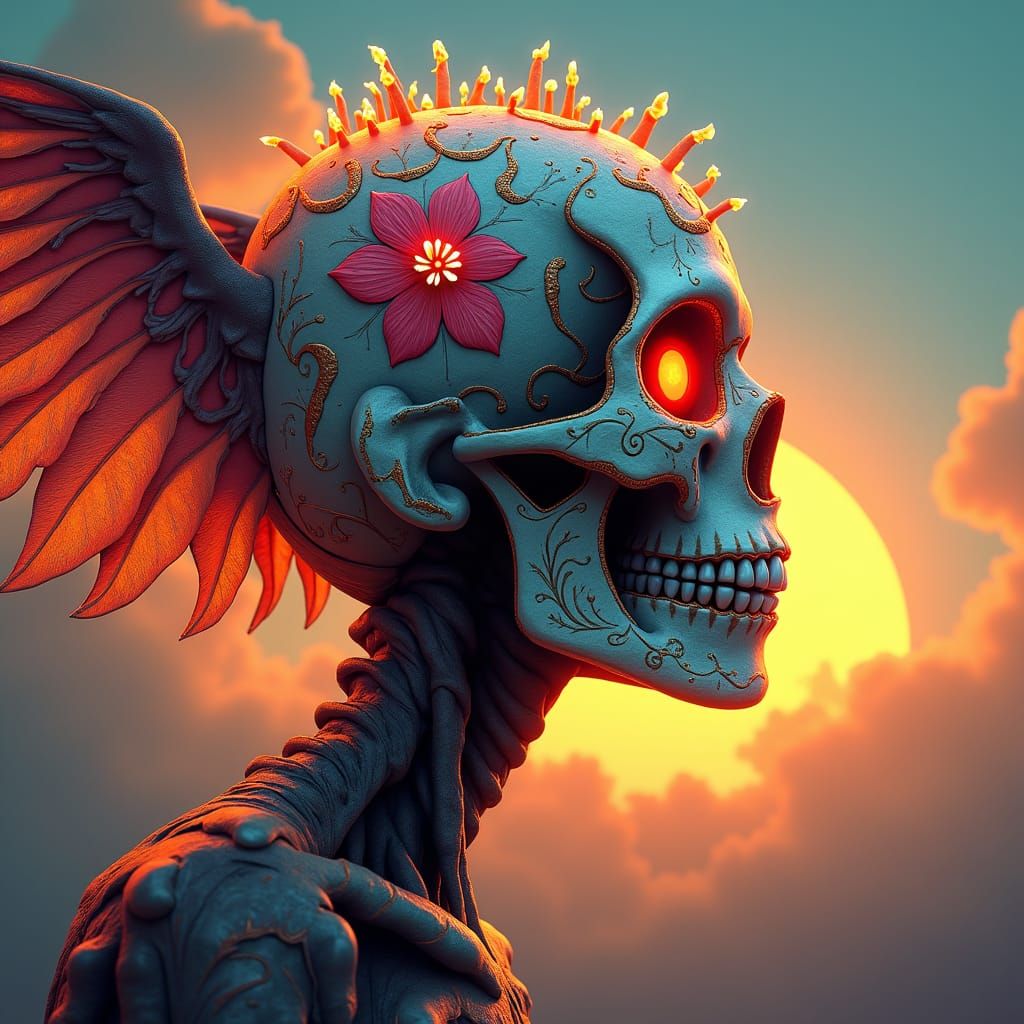Majestic Winged Calavera with Sugar Skull Design