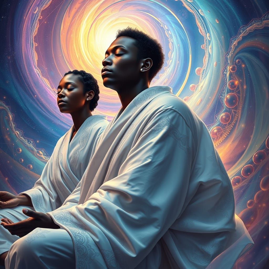 Cosmic Connection in Flowing White Attire