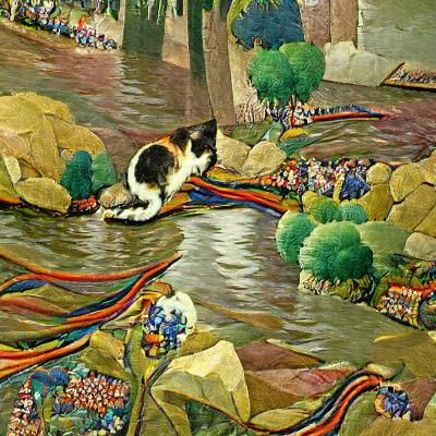 Cat by River: A Colorful Painting from the 1920s