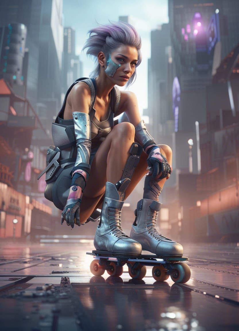 Futuristic Roller Skater in Apocalyptic City