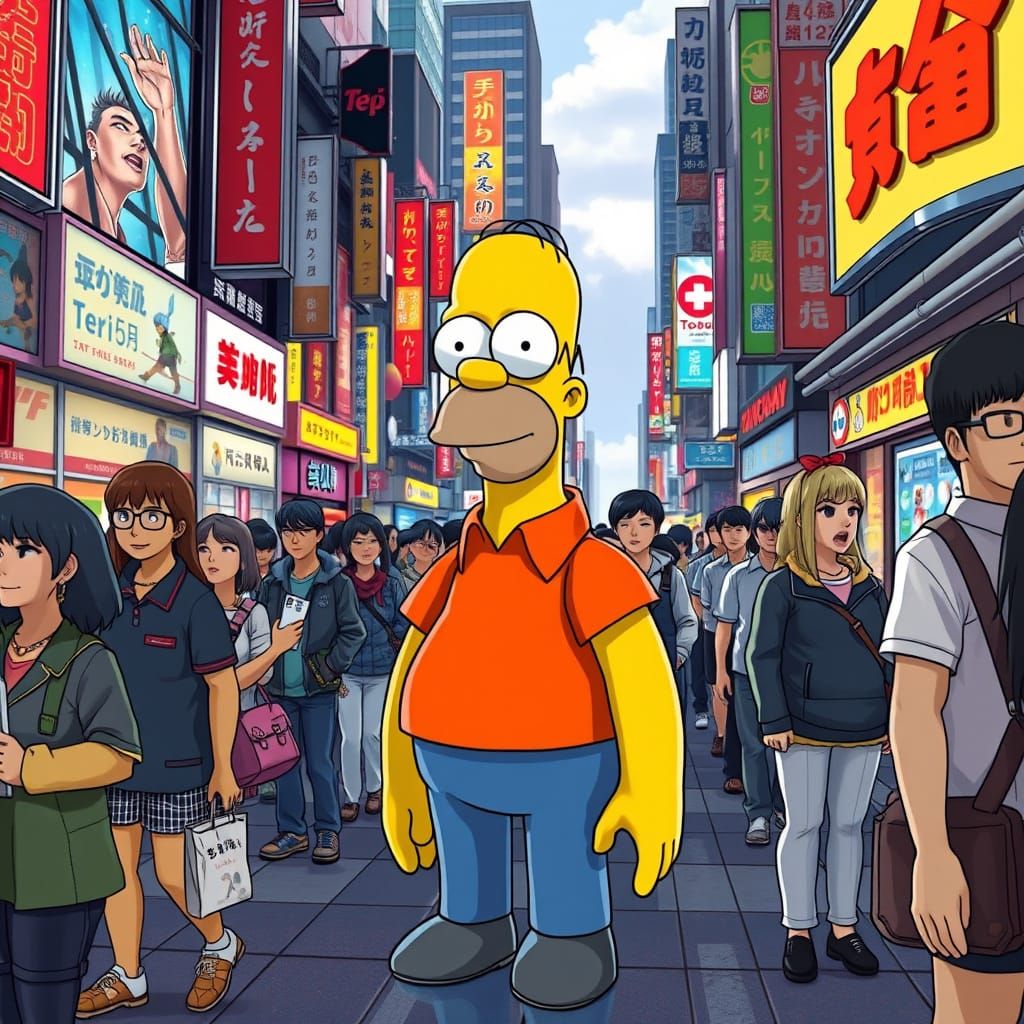 Homer Simpson in Anime Tokyo, Retro-Futuristic Style