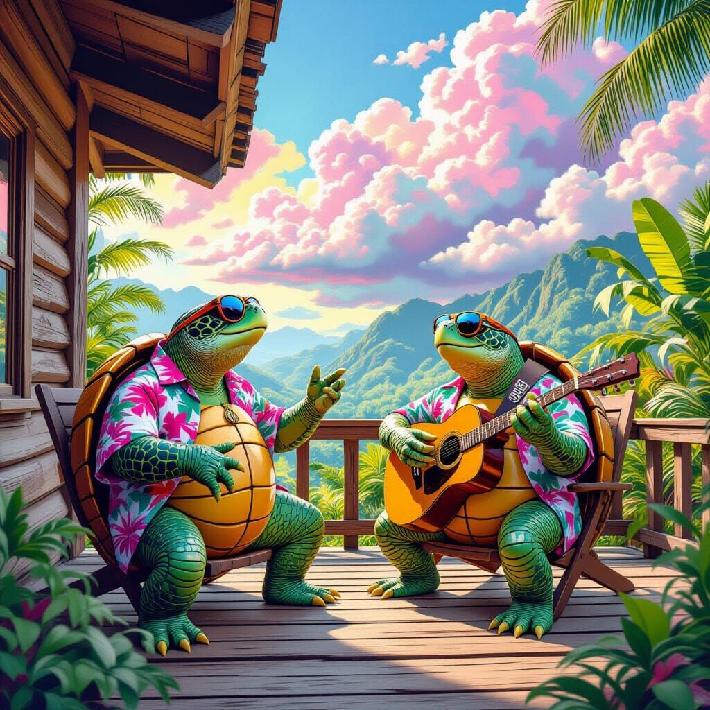 Tropical Island Turtles Dancing in a Psychedelic Scene