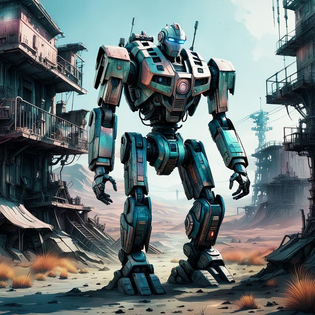 Giant Mecha Robot in Post-Apocalyptic Landscape