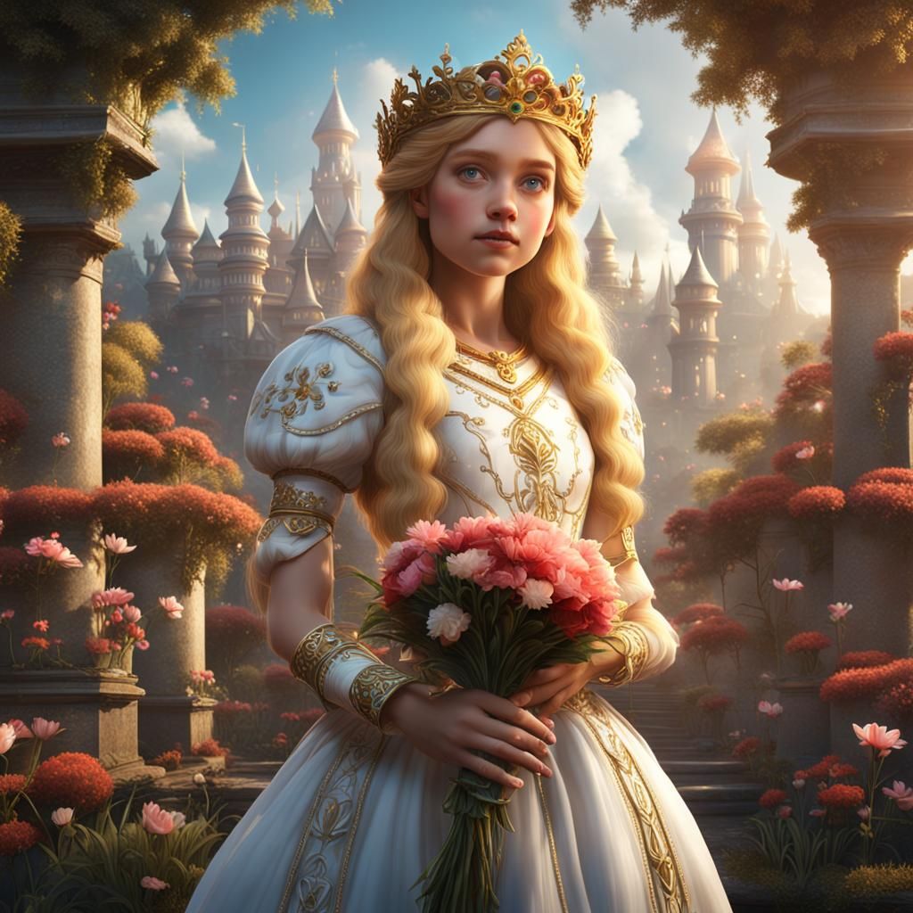 Golden-Haired Princess Holding Flower, Detailed Matte Painti...