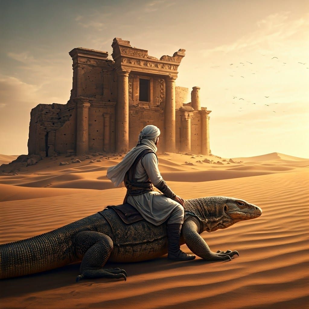 Warrior and Monitor Lizard Approach Ancient Desert City